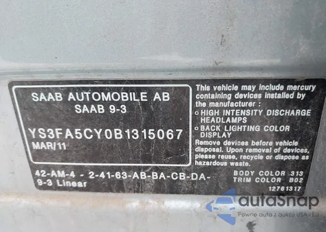 2011 Saab 9-3 Turbo4 z USA, uszkodzony, nr VIN YS3FA5CY0B1315067